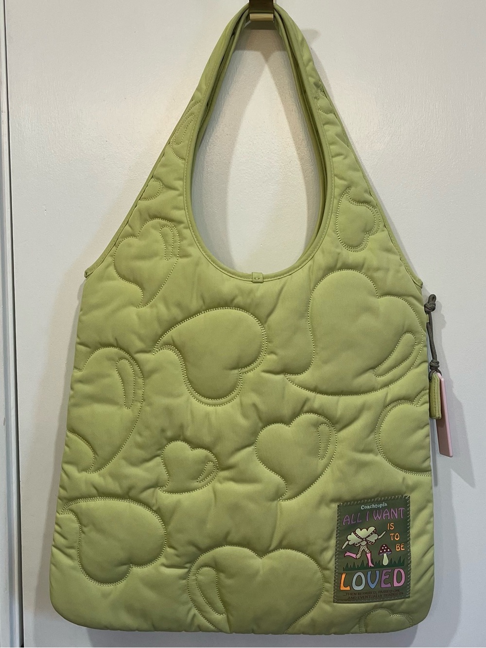 NWOT Coach Brand Coachtopia Lime Green Quilted Heart Tote with Graphic Patch